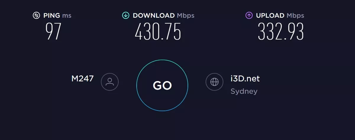 Atlas VPN speed test in Australia with VPN on