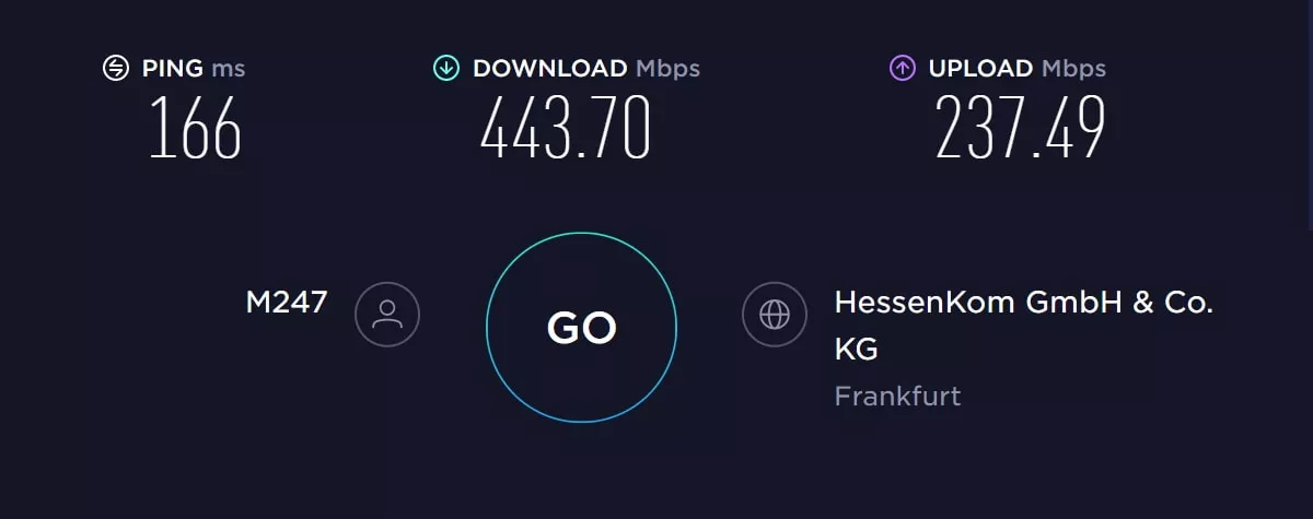 Atlas VPN speed test in Europe with VPN on