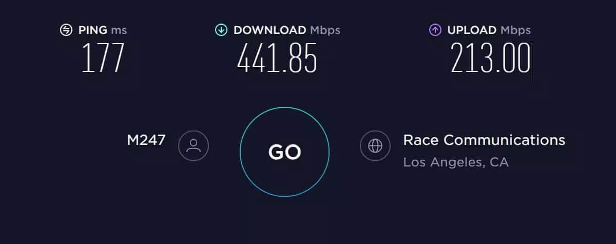 Atlas VPN speed test in North America with VPN on