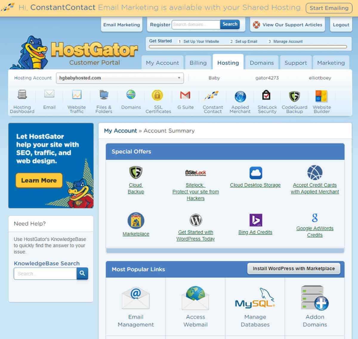 HostGator user interface