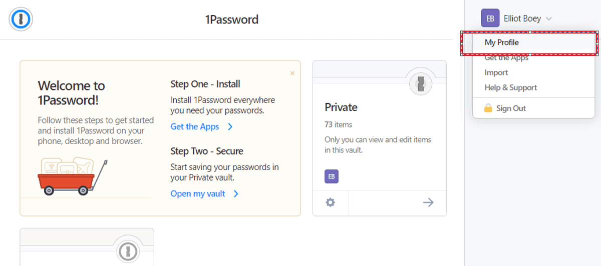 1Password hit My Profile to find 2FA