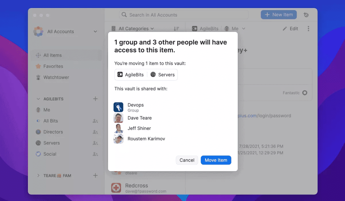 team management in 1password