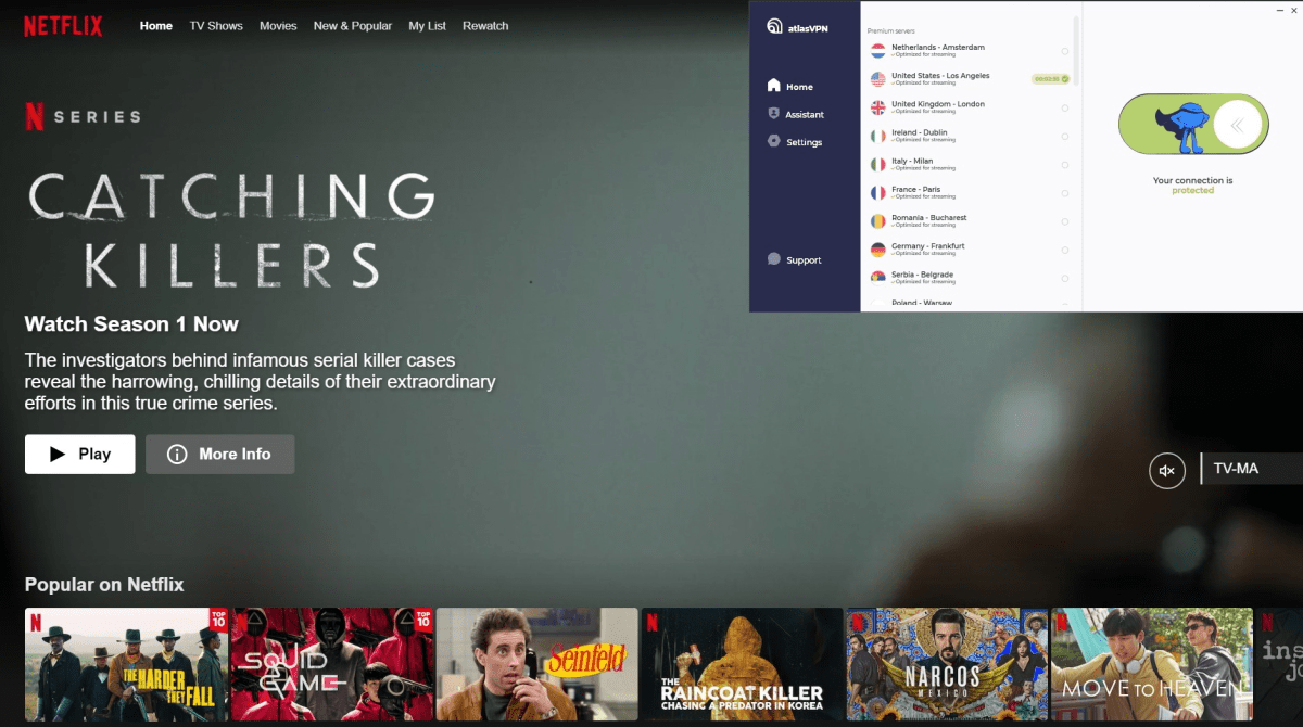 Atlas VPN on Los Angeles server provided smooth streaming for Netflix content