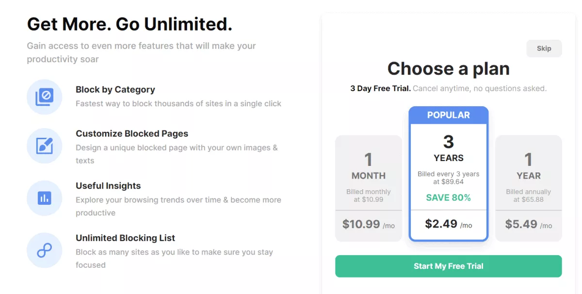 blocksite offering 7 day free trial for their paid plans