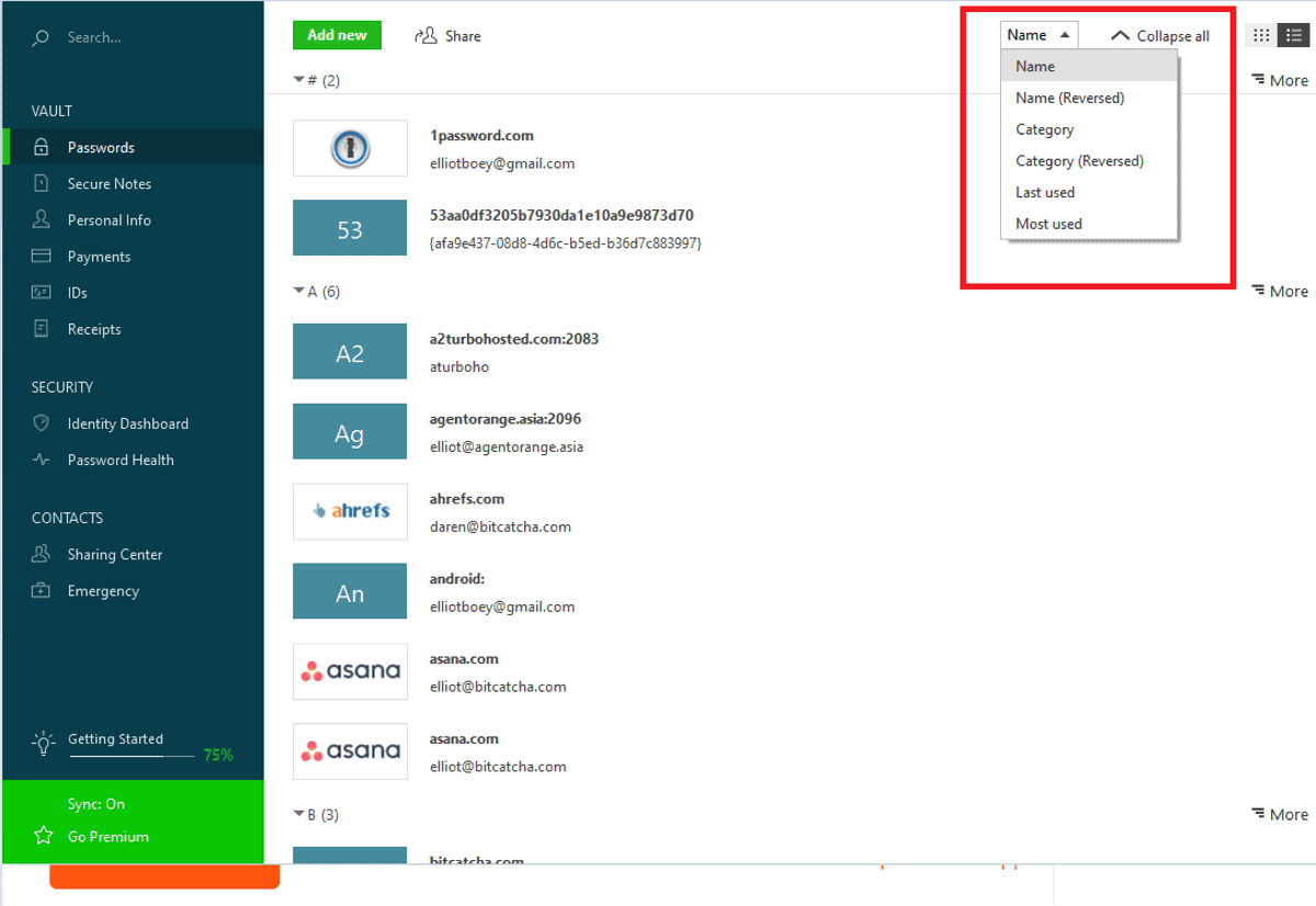 dashlane categorizes passwords for easy search