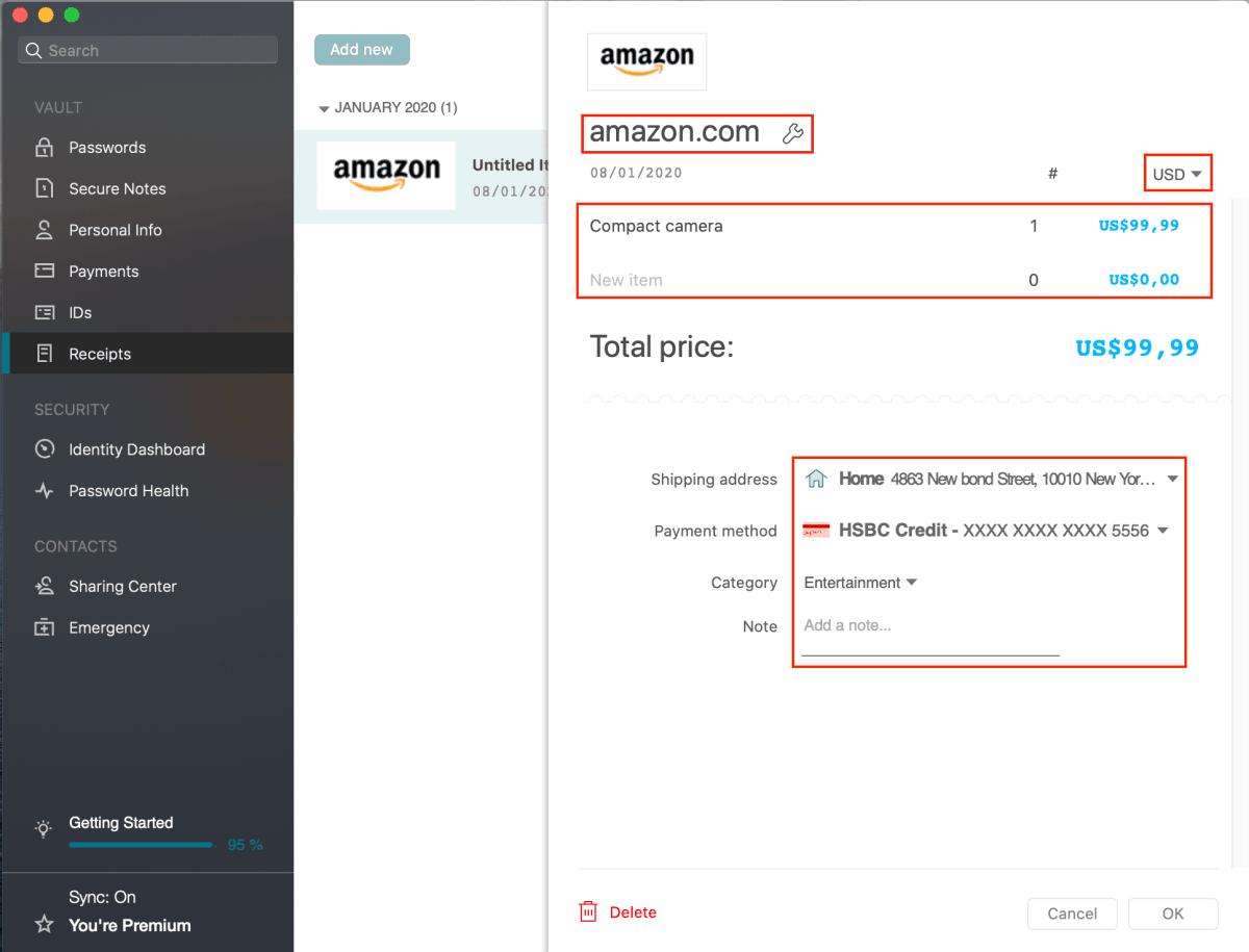 dashlane can store receipts