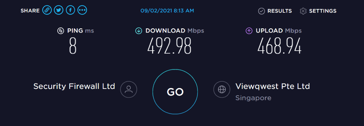 Speed test result using ExpressVPN