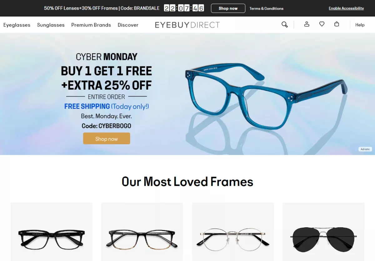 eyebuydirect cyber monday 2021 25% off buy 1 free 1