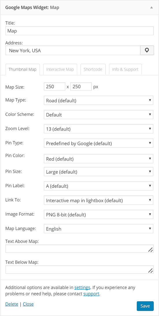 Google map widget settings