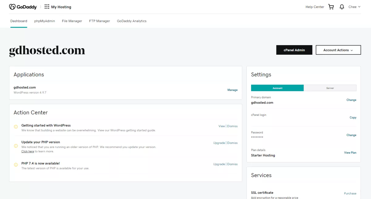 godaddy dashboard is simple and intuitive