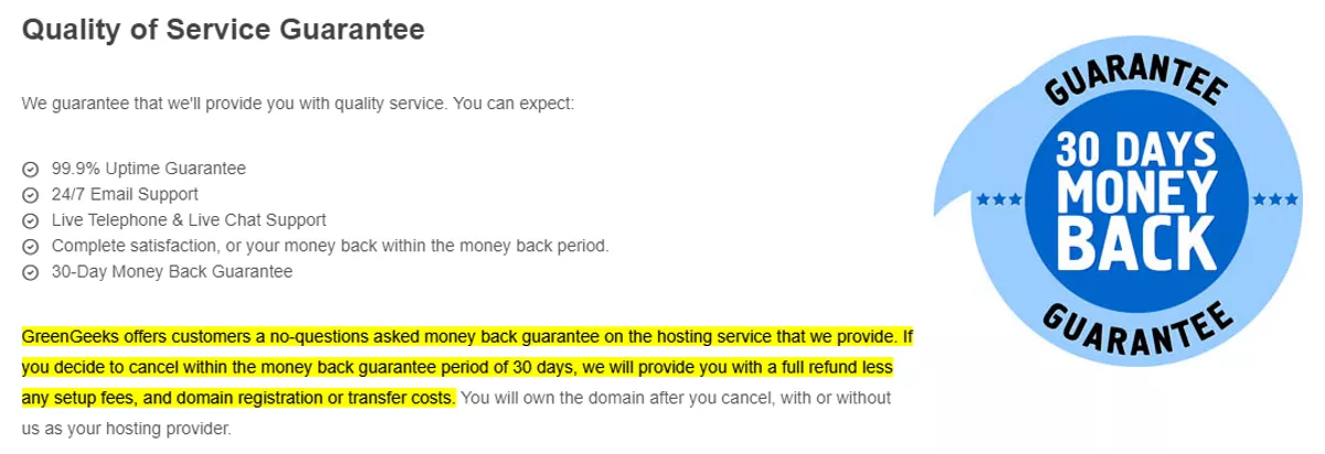greengeeks offer 30 day money back guarantee unconditionally