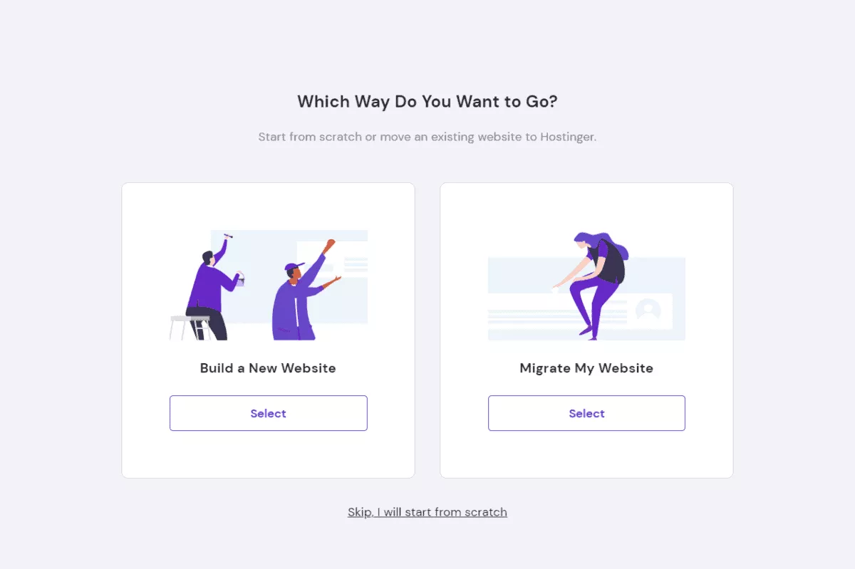 hostinger asks if you want to build or migrate a website
