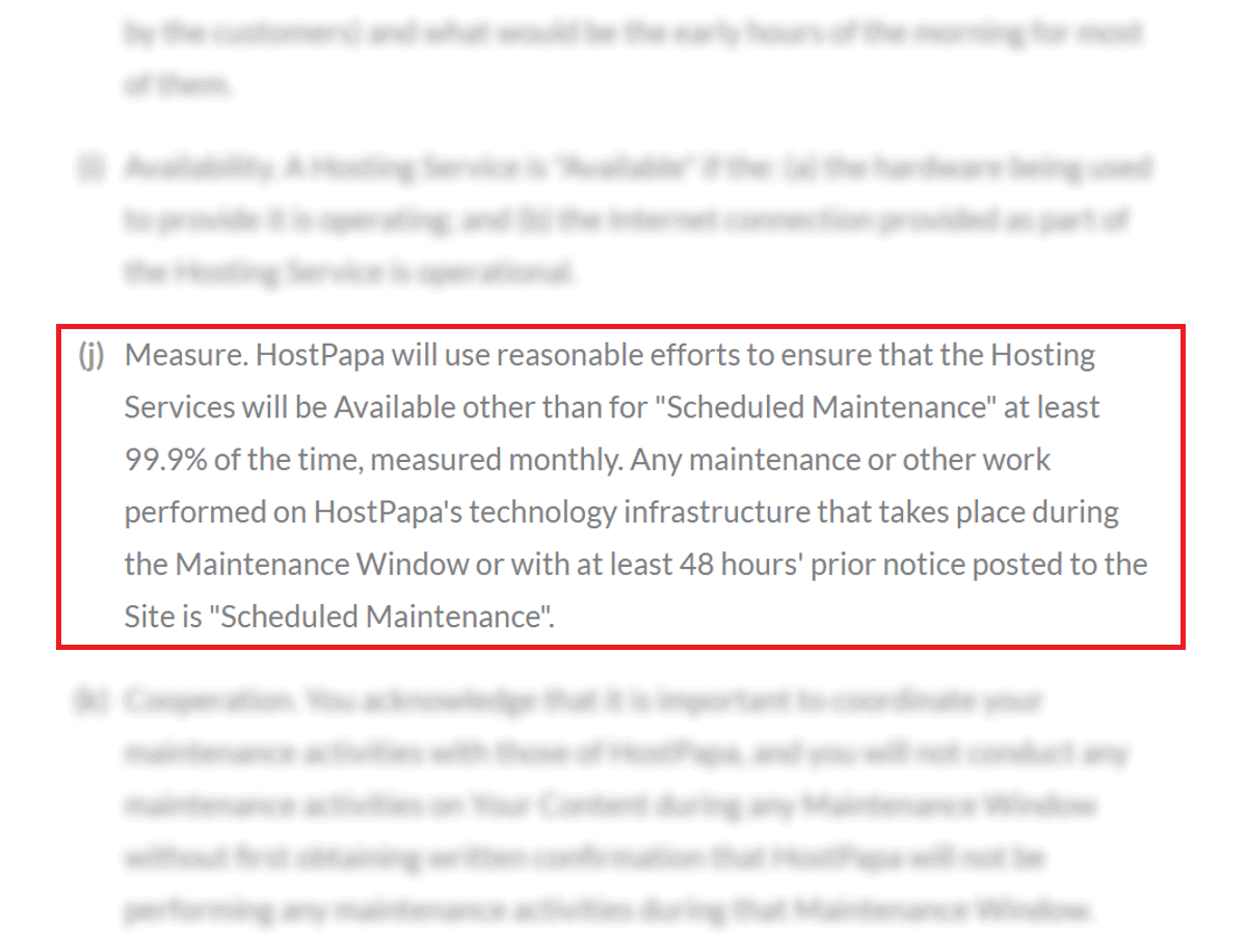 hostpapa sla no mention of compensation for down time