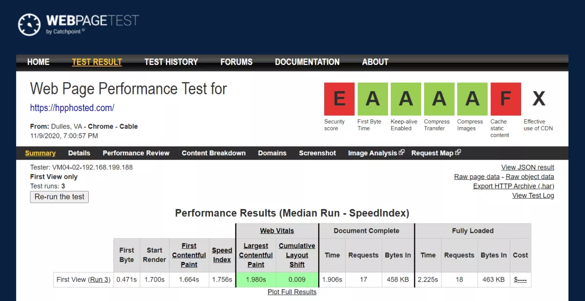 hostpapa us webpagetest result