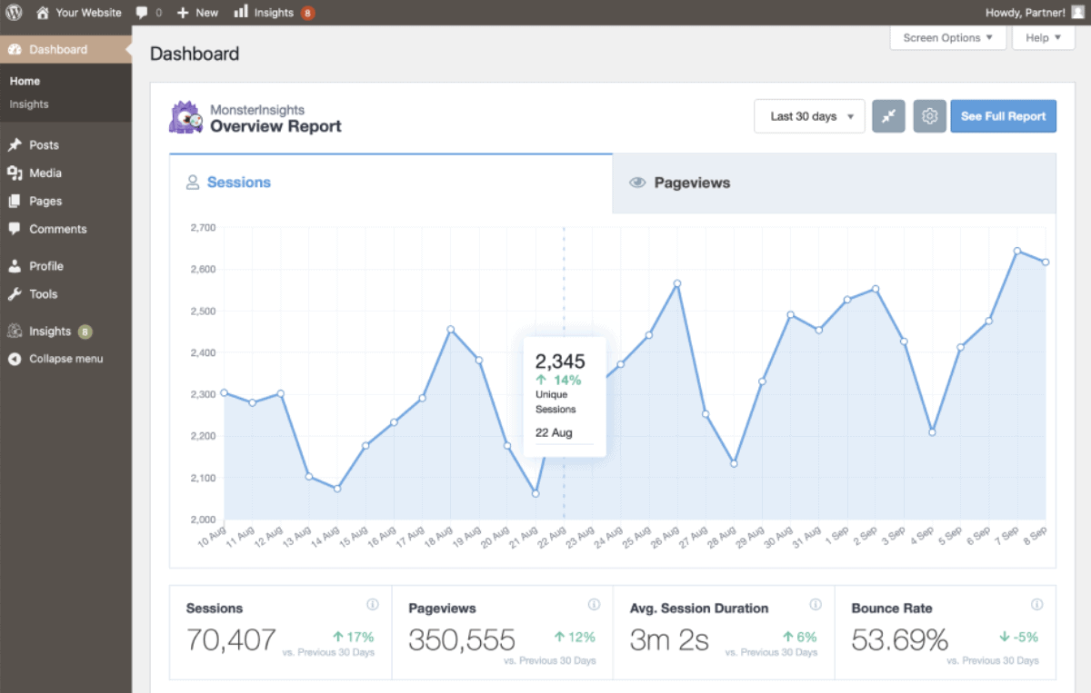google analytics overview report on monsterinsights