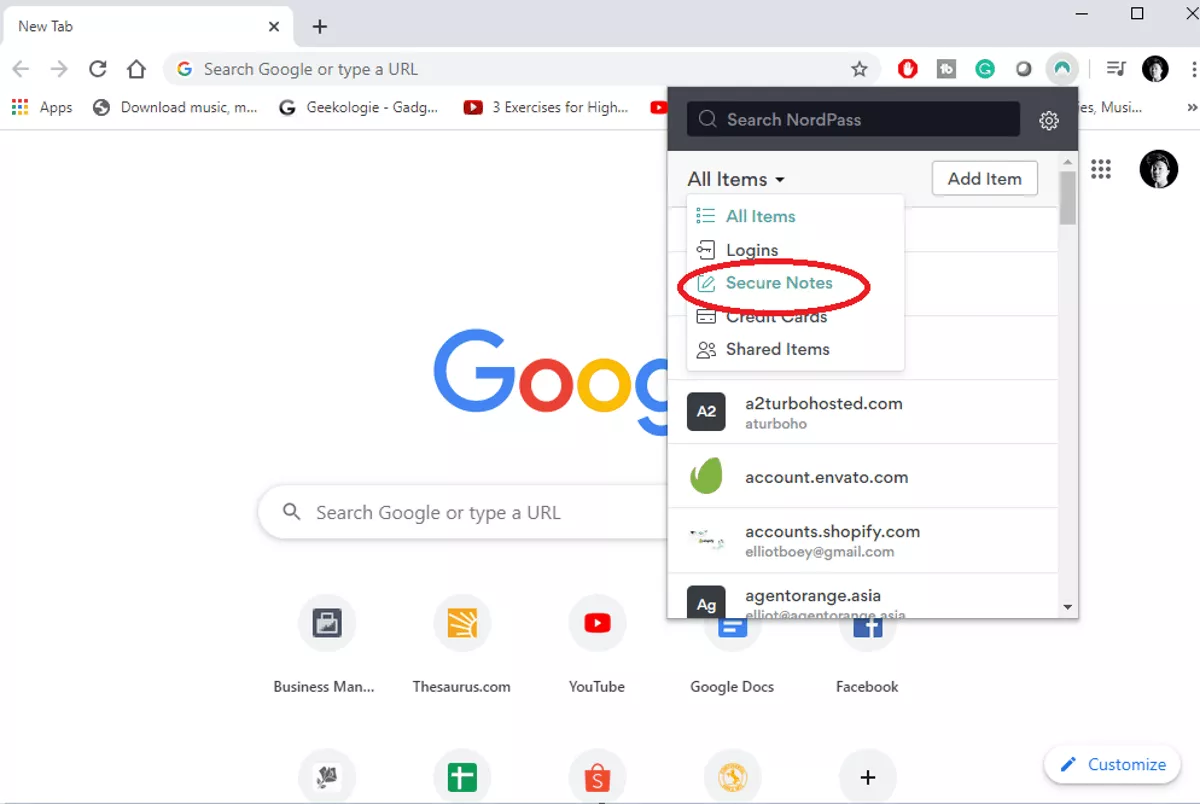 nordpass finding secure note in chrome