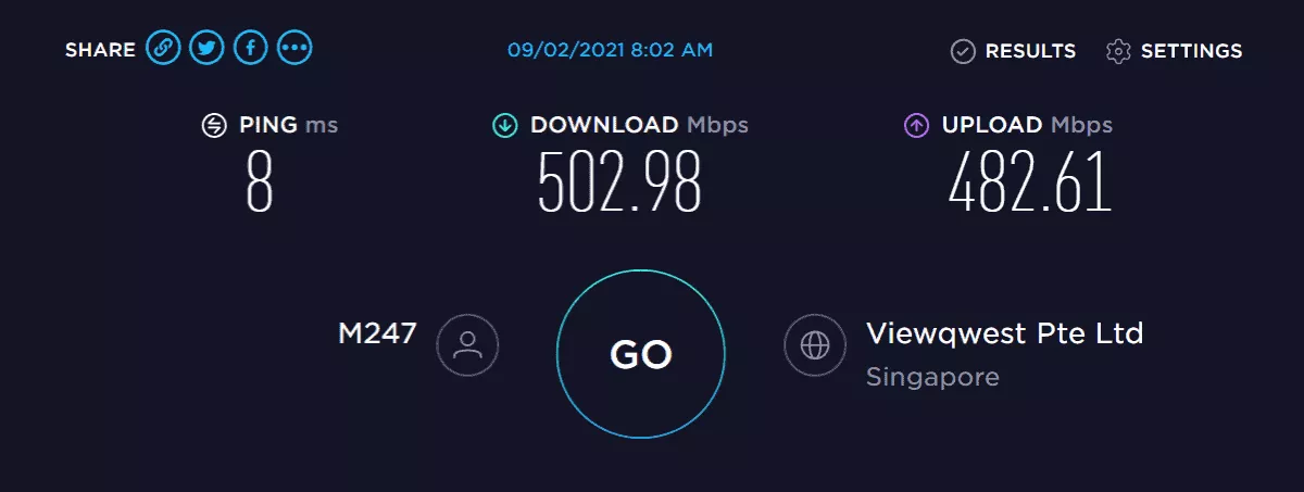 Speed test result using NordVPN