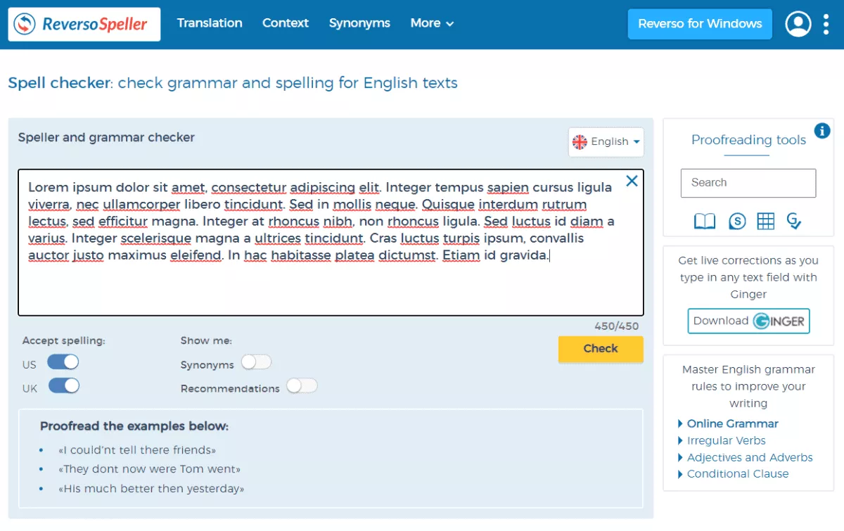 reverso grammar checker interface