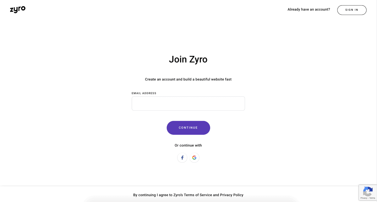 sign up zyro