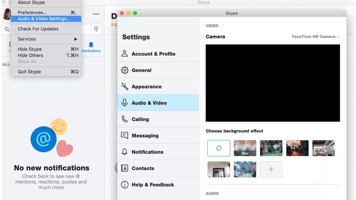 checking camera and mic on skype