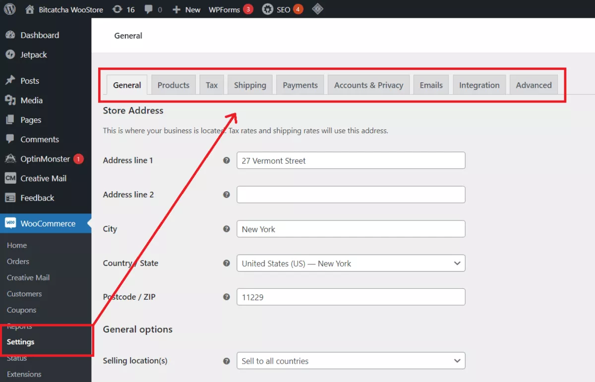 woocommerce settings interface in wordpress