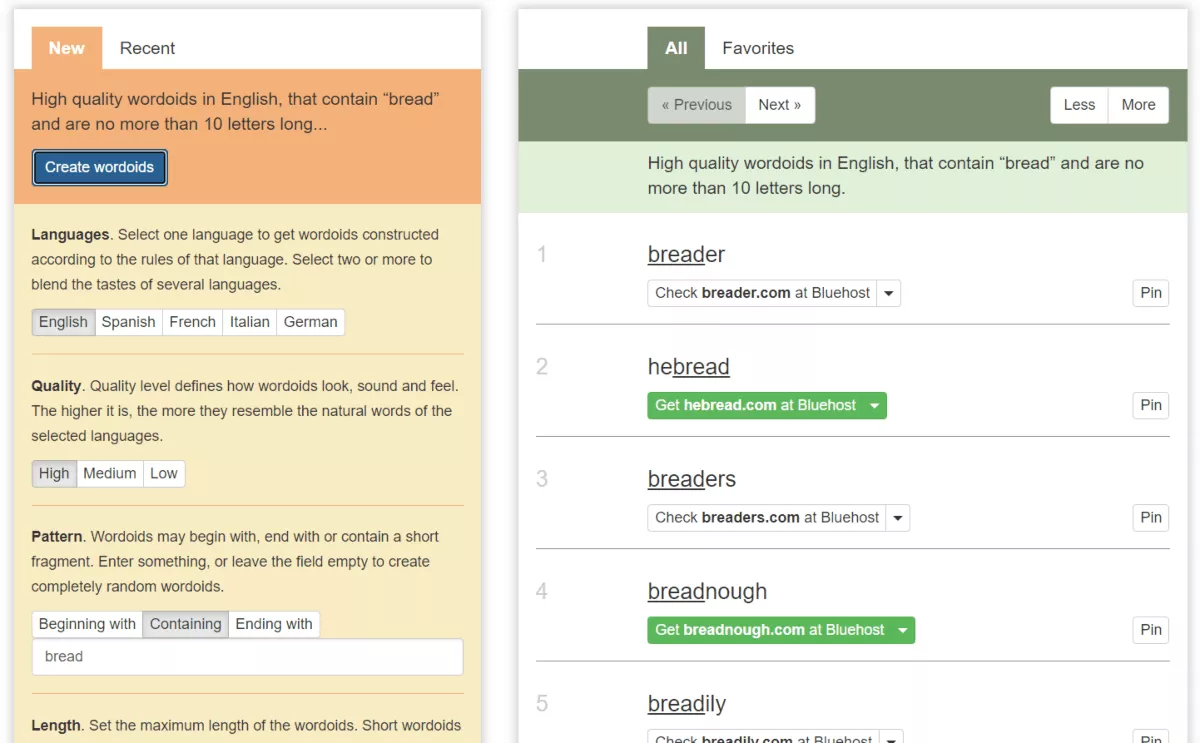 wordoid generate name ideas with keyword bread