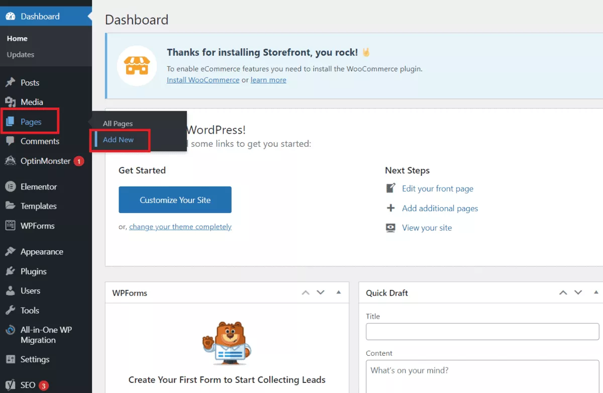 adding new page on wordpress dashboard