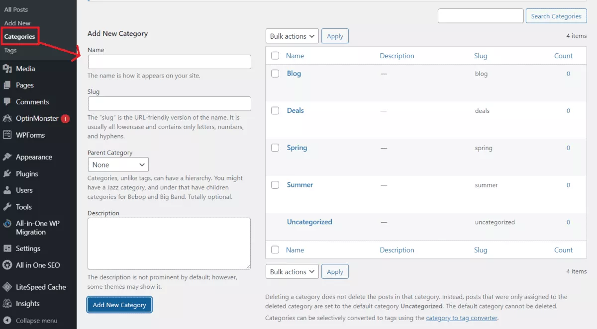 user can add post categories on wordpress