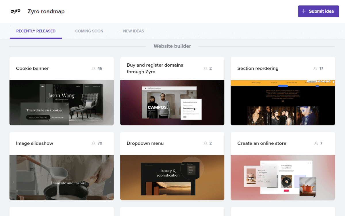 zyro roadmap displays all the updates and new additions to the site builder